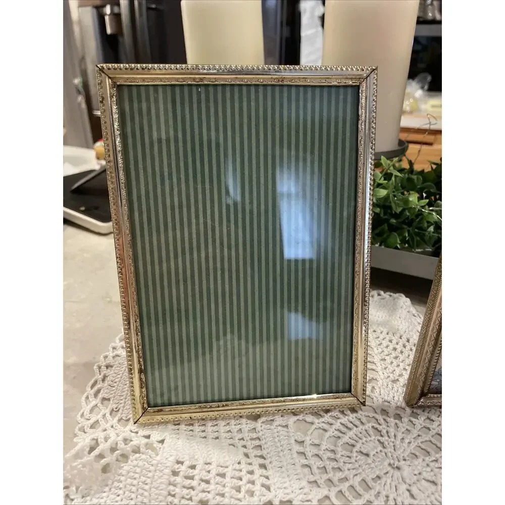 Vintage MCM Ornate Brass Gold Tone Photo Frame 3.25x4.25 Bi-Fold Double & 5x7